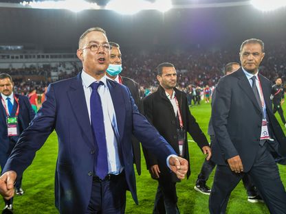 رئيس الاتحاد المغربي لكرة القدم فوزي لقجع خلال احتفالات التأهل إلى كأس العالم 2022 - مارس 2022 - AFP