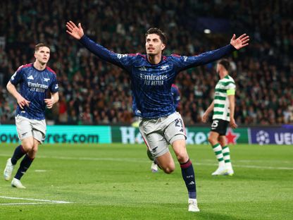 كاي هافيرتز يحتفل بهدفه في مباراة سبورتينغ لشبونة وأرسنال بدوري أبطال أوروبا - 7 أبريل 2026 - Reuters