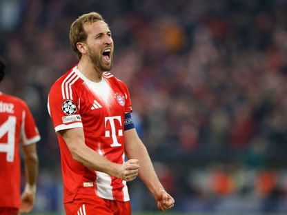 هاري كين يحتفل بتسجيل هدف لفريقه بايرن ميونيخ أمام أتالانتا في دوري أبطال أوروبا - 19 مارس 2026 - REUTERS