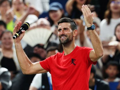 نوفاك دجوكوفيتش يحتفل بعد الفوز على زيزو بيرغس في ربع نهائي بطولة شنغهاي ماسترز للتنس - 9 أكتوبر - Reuters