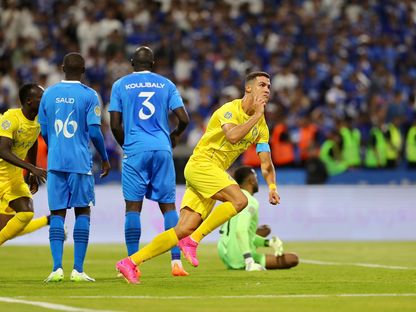 كريستيانو رونالدو نجم النصر السعودي يحتفل بهدفه في شباك الهلال في نهائي البطولة العربية - 12 أغسطس 2023 - twitter/AlNassrFC