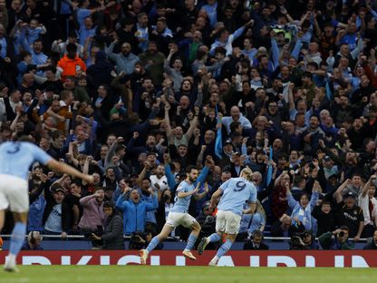 البرتغال بيرناردو سيلفا لحظة تسجيله هدفا لمانشستر سيتي في مرمى ريال مدريد - 17 مايو 2023 - reuters