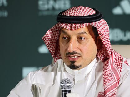 رئيس الاتحاد السعودي لكرة القدم ياسر المسحل خلال مؤتمر تقديم المدرب مانشيني - 28 أغسطس 2023 - AFP