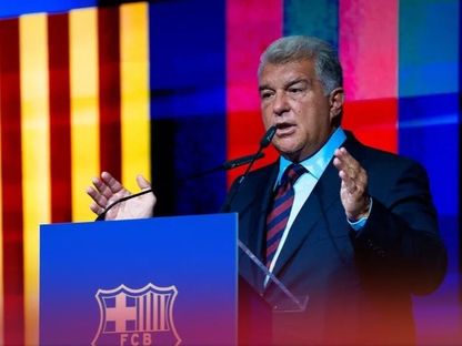 جوان لابورتا متحدثا بعد تسلمه بشكل رسمي رئاسة نادي برشلونة - 1 يوليو 2026 - X/@FCBarcelona