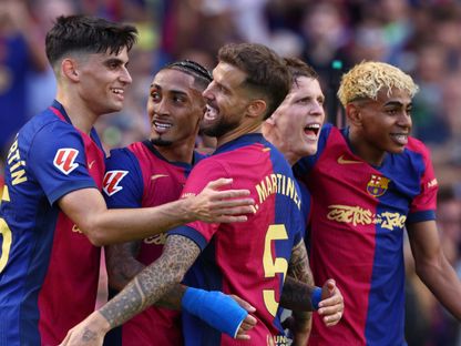 رافينيا يحتفل بهدفه الرابع في قمة برشلونة وريال مدريد بالدوري الإسباني - 11 مايو 2025 - Reuters