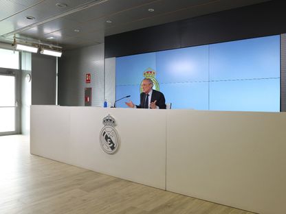 رئيس ريال مدريد فلورنتينو بيريز خلال مؤتمر صحافي - 12 مايو 2026 - REUTERS
