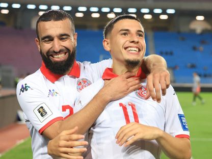 احتفال إلياس الغربي ونعيم سليتي بفوز تونس على ساو تومي بتصفيات كأس العالم 2026 - 10 أكتوبر 2025 - FB/@Équipe Nationale Tunisienne