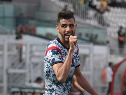 الشرقي البحري بعد تسجيله هدفاً لأولمبيك آسفي في مرمى اتحاد تواركة بنصف نهائي كأس المغرب - 21 يونيو 2025 - FB/@Ocsfoot