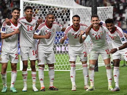 لاعبو منتخب الإمارات يحتفلون بتسجيل هدف في شباك هونغ كونغ ضمن كأس آسيا 2023 - 14 يناير 2024 - AFP