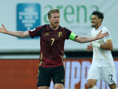 كيفن دي بروين نجم بلجيكا خلال مباراة مقدونيا الشمالية بتصفيات كأس العالم 2026 - 10 أكتوبر 2025 - Reuters