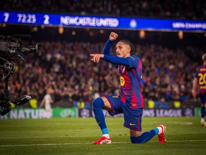 رافينيا بعد تسجيله هدفاً لبرشلونة أمام نيوكاسل يونايتد في دوري أبطال أوروبا - 18 مارس 2026 - X/@FCBarcelona_es