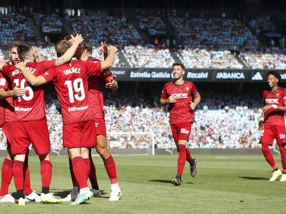 احتفال لاعبي أوساسونا بتسجيل هدف في مرمى سيلتا فيغو بالدوري الإسباني _ 13 أغسطس 2023  - twitter/Osasuna