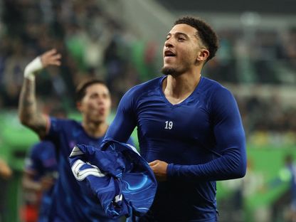 جيدون سانشو لاعب تشيلسي يحتفل بهدفه في مرمى ريال بيتيس في نهائي دوري المؤتمر الأوروبي - 28 مايو 2025 - Reuters