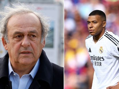 لاعب ريال مدريد كيايان مبابي ورئيس الاتحاد الأوروبي السابق ميشيل بلاتيني في صورة مركبة - الشرق