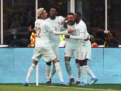 كيليان مبابي يحتفل مع زملاء بتسجيله هدفاً لفرنسا في مرمى البرازيل - 26 مارس 2026 - Winslow Townson-Imagn Images