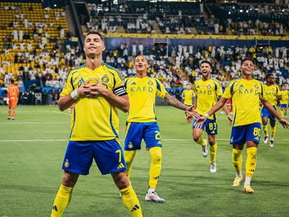 احتفال كريستيانو رونالدو نجم نادي النصر بهدفه في مرمى الوحدة بالدوري السعودي - 27 سبتمبر 2024 - X/@AlNassrFC