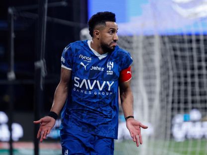 سالم الدوسري بعد تسجيله هدفاً للهلال في مرمى العروبة بدوري روشن السعودي - 12 مايو 2025 - Reuters