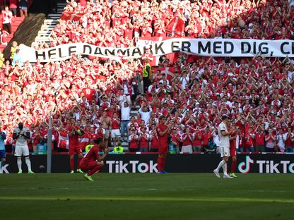 جماهير الدنمارك تحيي كريستيان إريكسن خلال مباراة بلجيكا في بطولة أوروبا لكرة القدم - 17 يونيو 2021 - REUTERS