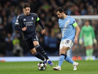 البرتغالي برناردو سيلفا لاعب مانشستر سيتي خلال مواجهة ريال مدريد في دوري أبطال أوروبا - 18 مارس 2026 - REUTERS