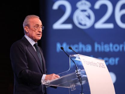 رئيس ريال مدريد فلورنتينو بيريز لدى إطلاق حملته الانتخابية في فندق بالعاصمة الإسبانية - 27 مايو 2026 - Reuters