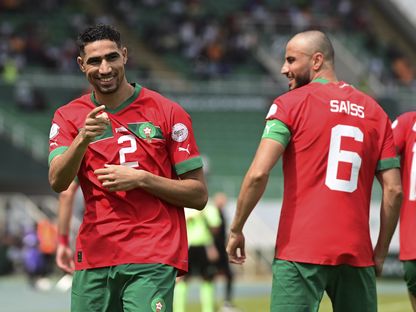 أشرف حكيمي نجم منتخب المغرب يحتفل بهدفه في شباك الكونغو الديمقراطية - 21 يناير 2024 - X/CAF_Online