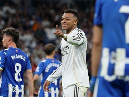 كيليان مبابي مهاجم ريال مدريد يحتفل بهدفه في مرمى ألافيس في الدوري الإسباني - 21 أبريل 2026 - Reuters