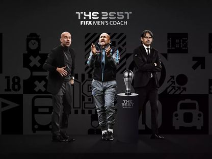 صورة تجمع المرشحين الثلاثة لجائزة أفضل مدرب للرجال بيب غوارديولا ولوتشيانو سباليتي وسيموني إنزاغي - X/@FIFAcom