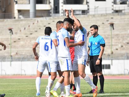 لاعبو فريق الفتوة يحتفلون بتسجيل هدف في شباك الوثبة في الجولة قبل الأخيرة من الدوري السوري - 26 مايو 2023 - https://www.facebook.com/AlFotuwa.SC