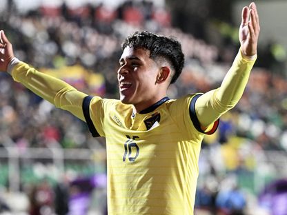 كيندري بايس بعد تسجيله هدفاً للإكوادور في مرمى بوليفيا خلال تصفيات أميركا الجنوبية لمونديال 2026 - 12 أكتوبر 2023 - AFP