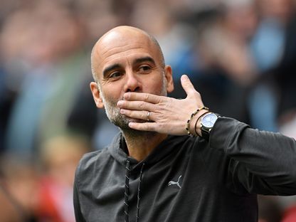 مدرب مانشستر سيتي بيب غوارديولا قبل المباراة ضد شيفيلد يونايتد في نصف نهائي كأس الاتحاد الإنجليزي - 22 أبريل 2023 - AFP