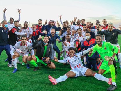 فرحة فريق الوحدة بعد الفوز على الفيصلي في دوري كأس الأمير محمد بن سلمان للمحترفين، 12 فبراير 2021 - حساب نادي الوحدة السعودي - تويتر