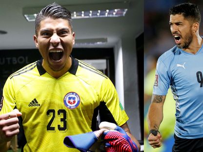 مهاجم أوروجواي لويس سواريز (يمين) يحتفل بعد تسجيله هدفاً في شباك فنزويلا وحارس مرمى تشيلي برايان كورتيس يحتفل بعد الفوز على بوليفيا - Reuters