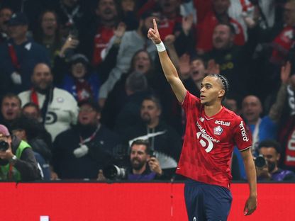 إيثان مبابي يحتفل بهدفه في مباراة ليل وباريس سان جيرمان بالدوري الفرنسي - 5 أكتوبر 2025 - Reuters