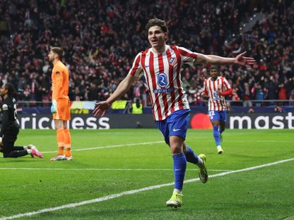 خوليان ألفاريز يحتفل بهدفه خلال مباراة أتلتيكو مدريد وتوتنهام بدوري أبطال أوروبا - 10 مارس 2026 - Reuters