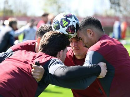 لاعبو أرسنال خلال تدريبات الفريق قبل مباراة سبورتينغ في دوري أبطال أوروبا - 7 أبريل 2026 - www.arsenal.com