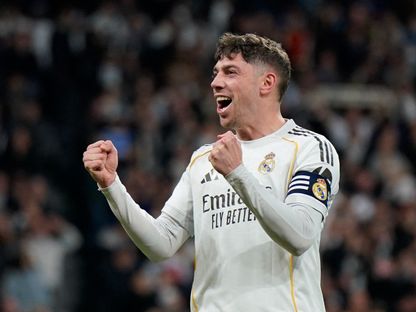 فيدي فالفيردي خلال الاحتفال بهدفه في لقاء ريال مدريد وريال سوسيداد بالليغا - 14 فبراير 2026 - Reuters