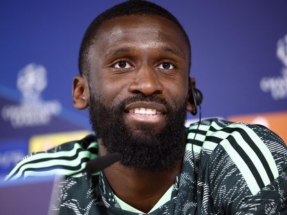 أنطونيو روديغر مدافع ريال مدريد في المؤتمر الصحفي قبل مواجهة ليفربول في دوري أبطال أوروبا - 14 مارس 2023 - REUTERS
