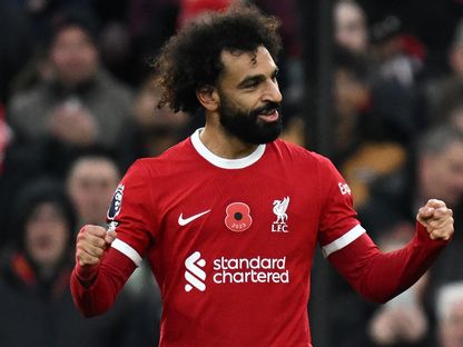 محمد صلاح بعد تسجيله هدفاً لليفربول في مرمى برينتفورد - 12 نوفمبر 2023 - AFP