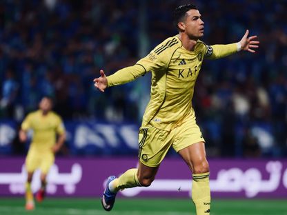 كريستيانو رونالدو نجم النصر يحتفل بهدفه أمام الفتح بالدوري السعودي - 14 فبراير 2026 - x@alnassrfc