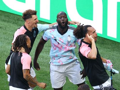 روميلو لوكاكو يحتفل بهدفه مع بلجيكا أمام أميركا في ثمن نهائي كأس العالم - 6 يوليو 2026 - Reuters