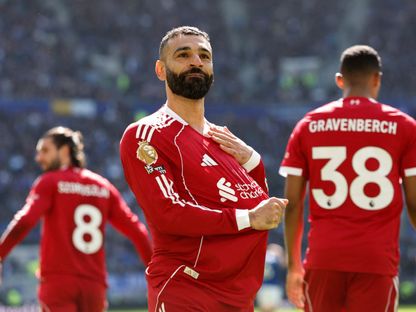 محمد صلاح يحتفل بالتسجيل مع ليفربول ضد إيفرتون - 19 أبريل 2026 - Reuters