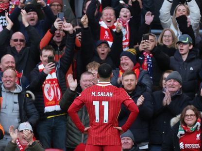 محمد صلاح مهاجم ليفربول يحتفل بهدفه في مرمى إيبسويتش تاون - 25 يناير 2025 - Reuters