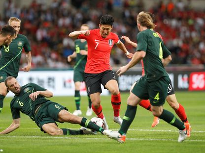 المهاجم الكوري الجنوبي سون هيونج مين خلال مباراة ضد أستراليا - 7 يونيو 2019 -  REUTERS