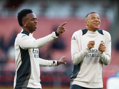 كيليان مبابي وفينيسيوس جونيور في تدريبات ريال مدريد - 7 أبريل 2025 - Reuters