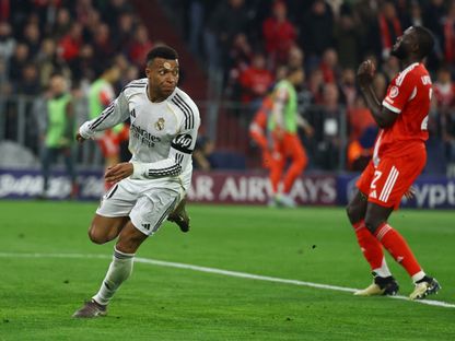كيليان مبابي مهاجم ريال مدريد يحتفل بهدفه في مرمى بايرن ميونيخ في دوري أبطال أوروبا - 15 أبريل 2026 - Reuters