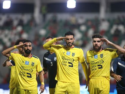 عمر السومة بعد تسجيله هدفاً للحزم في مرمى الاتفاق بالدوري السعودي - 31 أكتوبر 2025 - X/@alhazem_fc