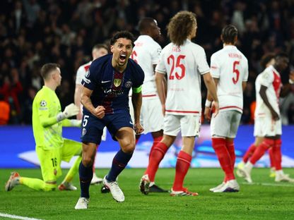 احتفال ماركينيوس بهدفه في مباراة باريس سان جيرمان وموناكو بدوري أبطال أوروبا - 25 فبراير 2026 - Reuters