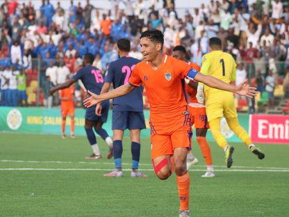 حميه الطنجي لاعب نواذيبو الموريتاني يحتفل بعد التسجيل في مرمى شباب الأردن في كأس الملك سلمان للأندية - 15 مارس 2023 - TWITTER/@UAFAAC