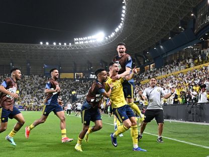 كريستيانو رونالدو قائد النصر يحتفل بعد التسجيل بمواجهة الأهلي في دوري روشن السعودي - 29 أبريل 2026 - Reuters