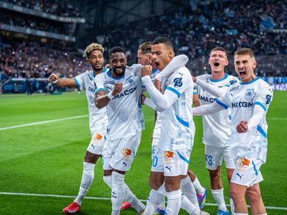 لاعبو أولمبيك مارسيليا يحتفلون بهدف ماسون جرينوود في شباك مونبلييه - 19 أبريل 2025 - X/OM_Officiel